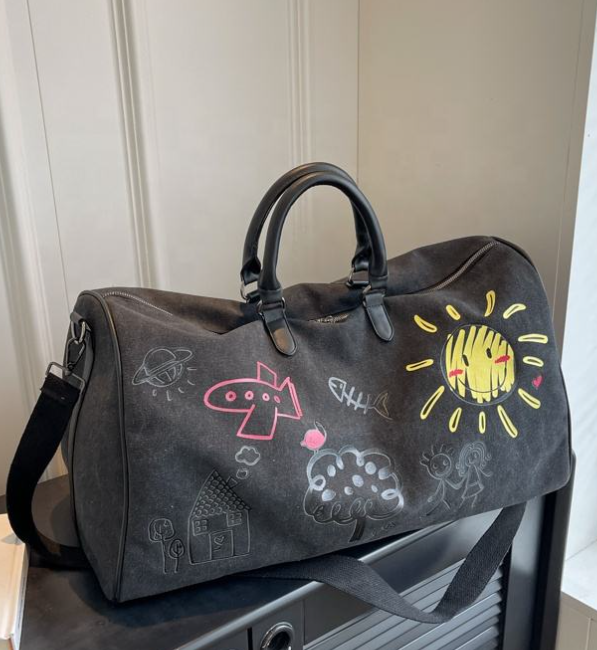 Cotton canvas sports bag, eco-friendly thickened round travel tote bag, men's gym tote bag