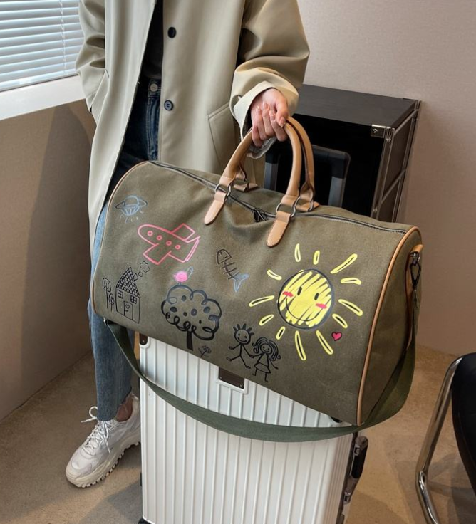 Cotton canvas sports bag, eco-friendly thickened round travel tote bag, men's gym tote bag