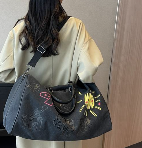 Cotton canvas sports bag, eco-friendly thickened round travel tote bag, men's gym tote bag